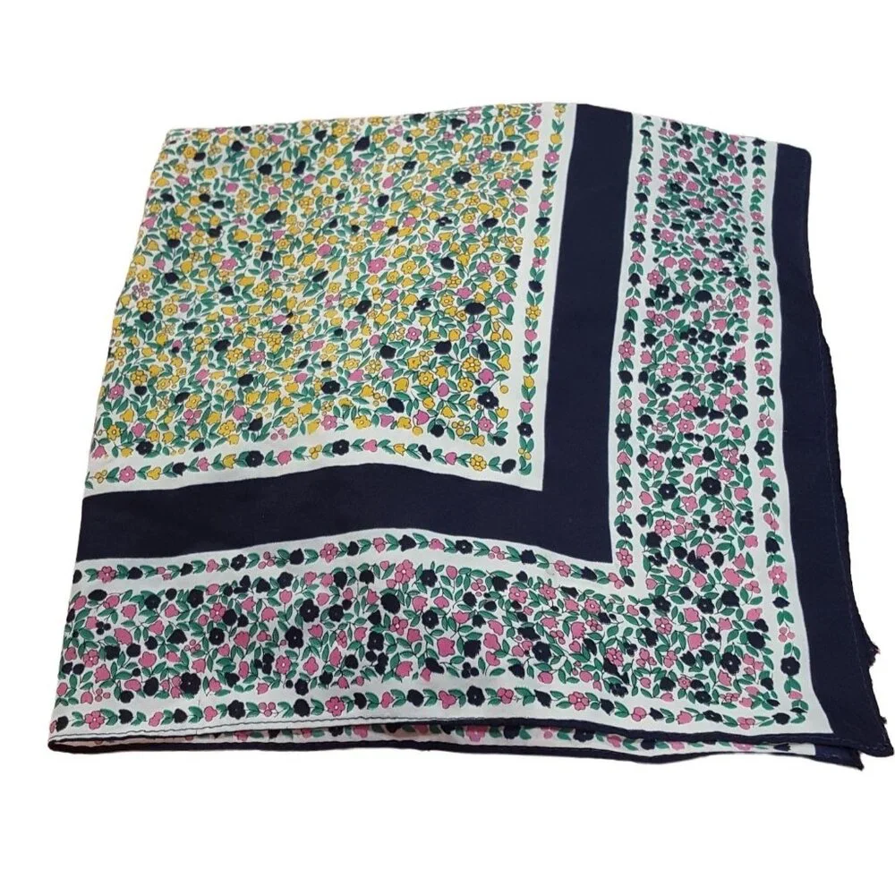 Vintage Womens Scarf Square Floral blue Yellow Pink 26